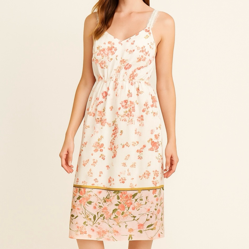 Collective Concepts White Floral Midi Sundress Lace Strap V-Neck Dress Sz Small